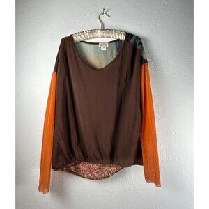 Petit Pois By Viviana Women's Pullover Top Long Sleeve Sheer Back Brown Sz Large